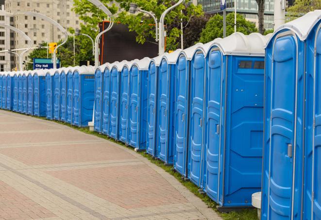 a row of portable restrooms ready for eventgoers in Lagunitas